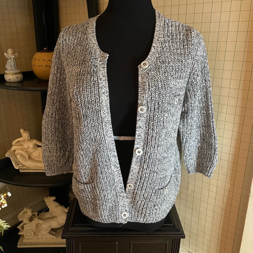 Large gray cardigan. Three quarter sleeve. Never worn